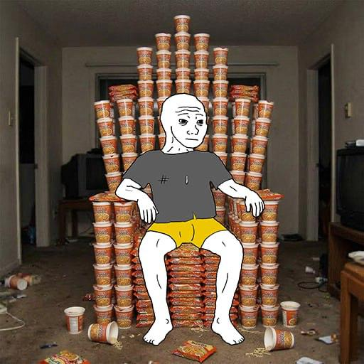 A meme image featuring a drawn cartoon figure in a gray shirt and yellow shorts sitting on a throne made of instant noodle cups (appears to be Cup Noodles) in a messy room.