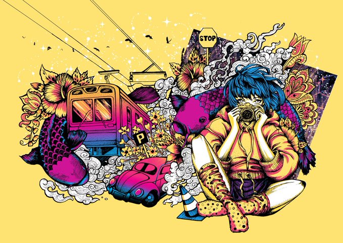 A vibrant, colorful illustration featuring a blue-haired character with a camera, a large pink fish, a tram, a car, and floral elements against a yellow background.