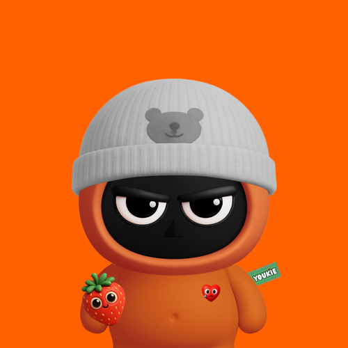A 3D rendered cartoon character with a black face wears a white beanie and holds a strawberry, with a label reading 'YUCKIE' on its orange outfit.
