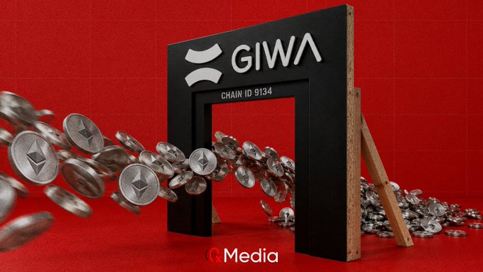 A 3D render showing cryptocurrency coins flowing through a black archway labeled 'GIWA CHAIN ID 9134' with the OKX Media logo, set against a bright red grid background.