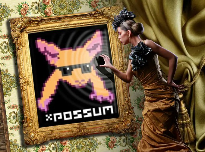 A woman in an elegant brown dress examines a pixel-art "xPOSSUM" painting displayed in an ornate gold frame against floral wallpaper and golden curtains. The image ties to the post's discussion about playing a game and finding secrets, with the xPOSSUM artwork likely referencing a hidden collectible or Easter egg within "Chapter 1."