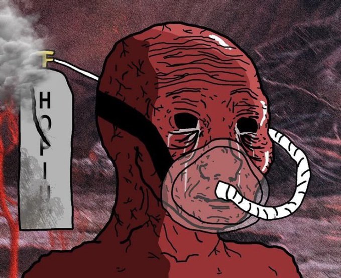 A dark, gritty digital illustration depicting a wrinkled, red-skinned figure with an oxygen tube, labeled 'HOPE' on a nearby IV drip bag against a smoky background.