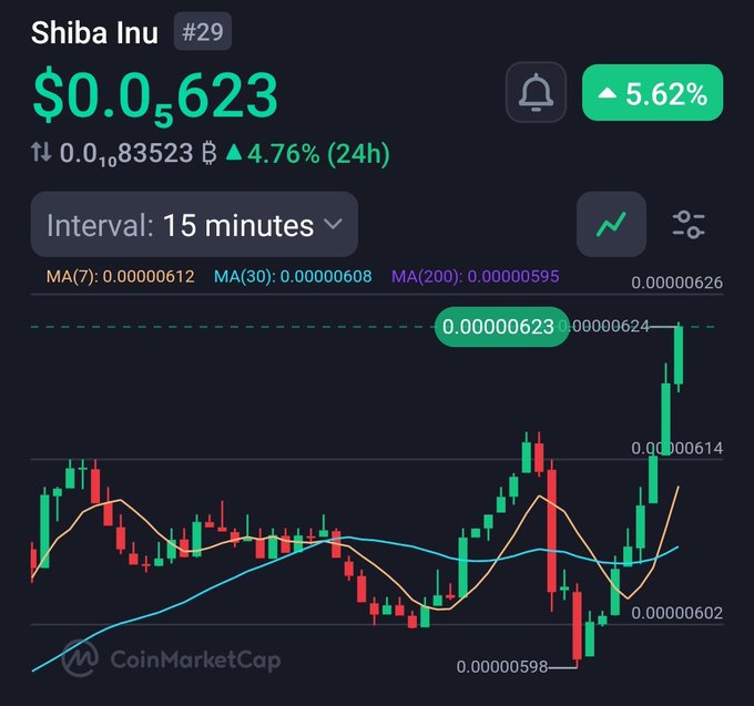 A CoinMarketCap chart for Shiba Inu (#29) showing a price of $0.00000623, up 5.62% in the last 24 hours on a 15-minute interval.
