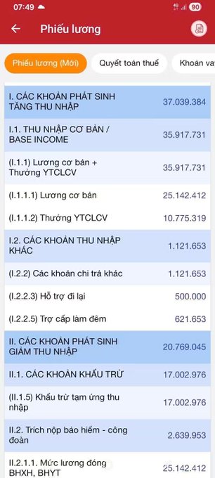 A Vietnamese mobile app screenshot displaying a pay slip (Phiếu lương) with detailed breakdowns including base income (35,917,731), YTCLCV bonuses, deductions, and social insurance contributions.