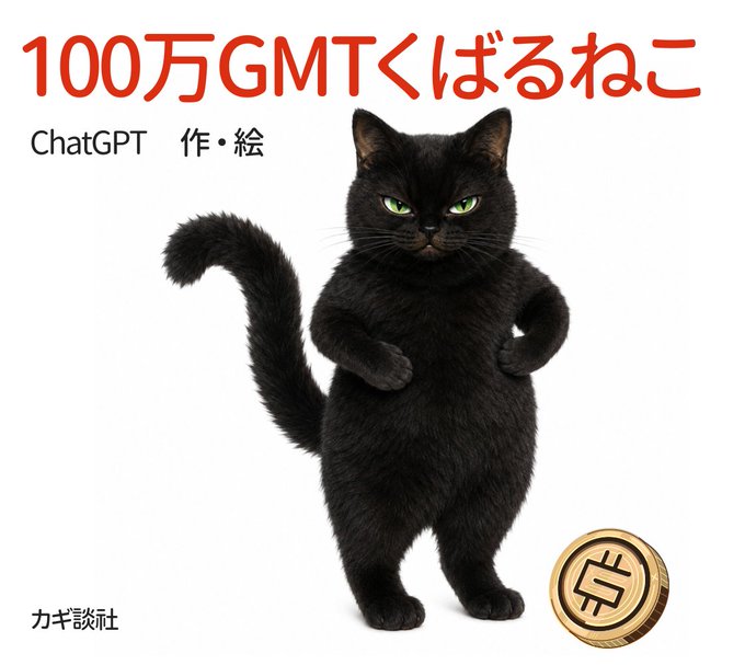 A book cover featuring a black cat standing upright next to a gold coin, with the title '100万GMTくばるねこ', credited to 'ChatGPT 作・絵', published by 'カギ談社'.