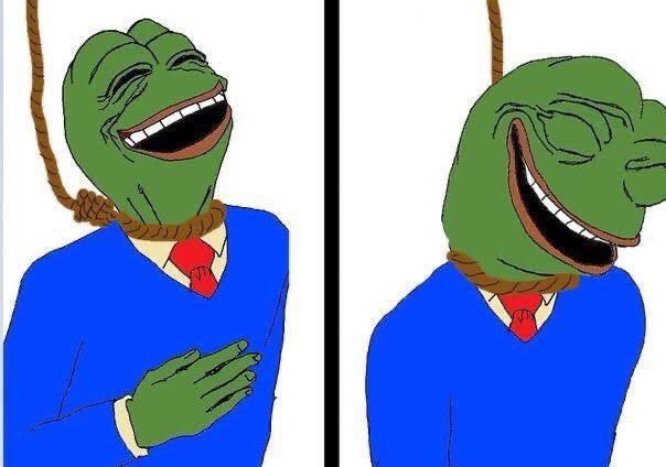 A two-panel "Hopeless Happy Frog" meme showing the green Pepe frog character laughing uproariously in both panels, with a noose visible around his neck. The "$79k" context likely refers to a stock or crypto price drop, with the meme darkly humorously expressing forced laughter in the face of significant financial losses.