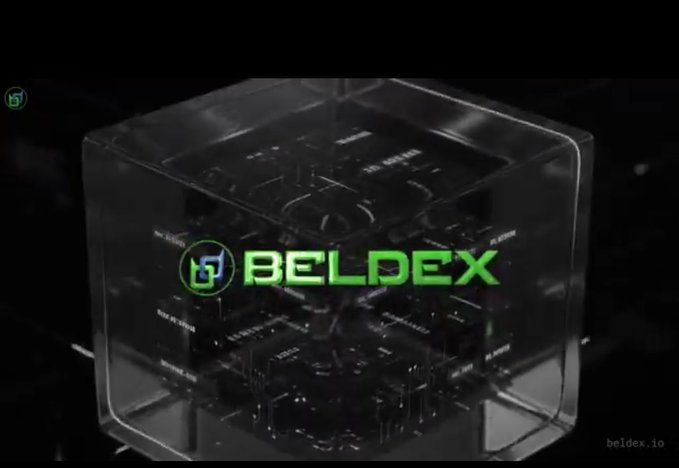 A dark, futuristic graphic shows a transparent cube containing circuitry, with the green logo and name "BELDEX" prominently displayed and "beldex.io" in the corner.