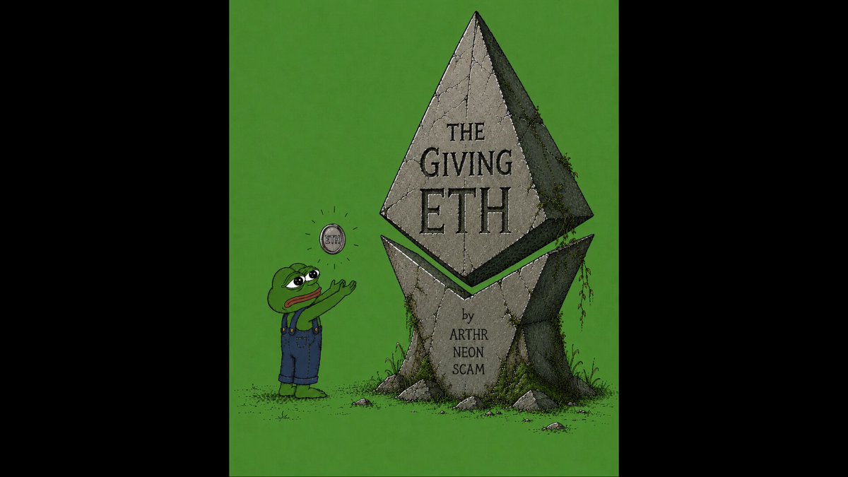 The image features a cartoon illustration of a frog with one eye covered by an arrow, holding a stone above his head as if he's giving it to someone who is not there. A caption below the picture reads "THE GIVING ETH @arthr x @neonglitch86 x @Scamart Limited Edition @72h". The image does not contain any discernible text or other objects, and it appears that this cartoon is a graphic representation of the concept of giving Ether to someone who isn't physically present.