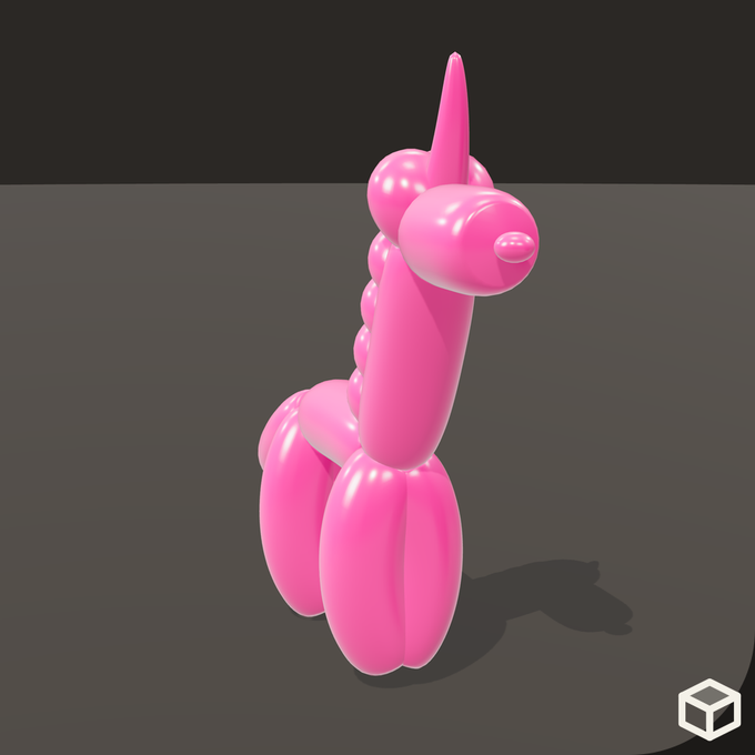 A 3D rendered glossy pink balloon animal resembling a unicorn or horse, displayed against a dark gray background with a small cube logo in the corner.