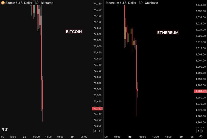 The image shows a chart with two lines: one representing Bitcoin prices going down, and another representing Ethereum prices. The Bitcoin line has fallen sharply from $78,000 to $74,000 within the last 1 hour, while the Ethereum line remains relatively stable at around $2,000. This contrast demonstrates how cryptocurrency values can change rapidly compared to traditional assets like fiat money or government bonds.