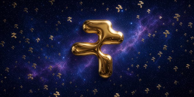 A 3D rendering of a large, glossy golden balloon shaped like the Polkadot (DOT) logo floats against a cosmic purple and blue starry background, surrounded by smaller identical golden shapes.