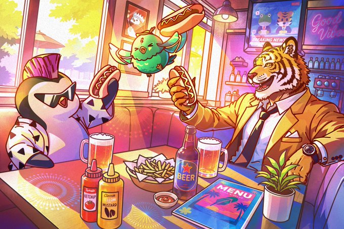Colorful digital illustration of two anthropomorphic animal characters (a bird and a tiger in a suit) eating hot dogs and drinking beer at a diner booth.