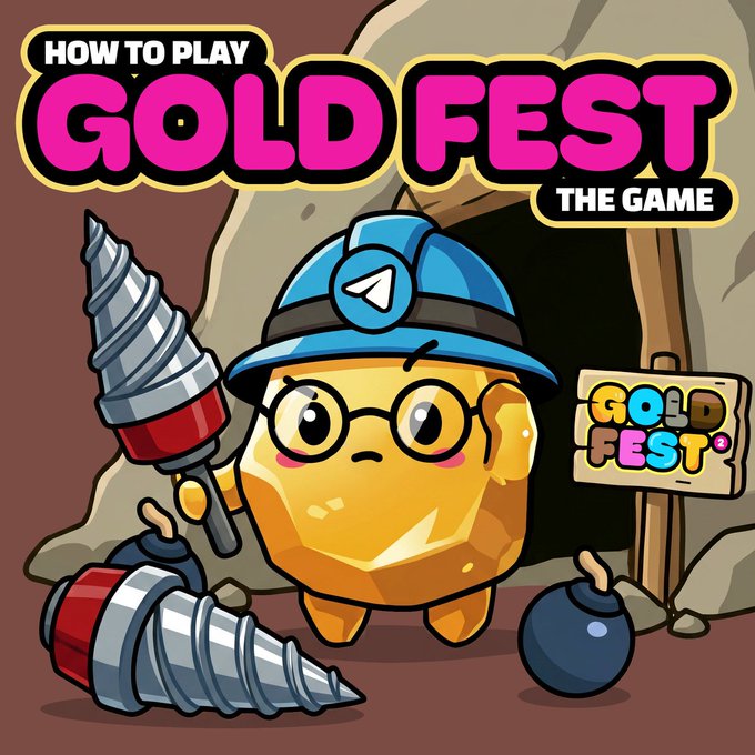 A cartoon gold nugget miner wearing a blue helmet and glasses holds a drill in front of a mine entrance with a "Gold Fest" sign, promoting "How to Play Gold Fest - The Game" alongside an image for the GAMEE Telegram channel guide on playing for gold-backed tokens.