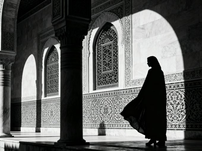 A striking black-and-white photograph of a silhouetted figure in flowing dark robes standing in a Moroccan-style courtyard with intricately patterned tilework, arched windows with lattice screens, and dramatic light and shadow.
