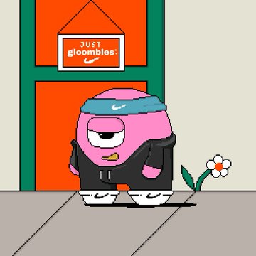 The image features a pink character with white eyes standing next to an orange door. The character has a black hoodie, white shoes, and a blue headband. Above the character's head, there is a sign that reads "Just Gloombles!". Below the character, there is a small flower pot containing a single white flower.