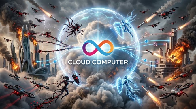 A dramatic battle scene features warrior figures and drones clashing amid burning futuristic cities, centered around a glowing shield bearing an infinity symbol and the text "CLOUD COMPUTER," visually representing the post's argument that ICP's distributed network acts as an unbreakable shield that cannot be shut down by missiles or cyberattacks.