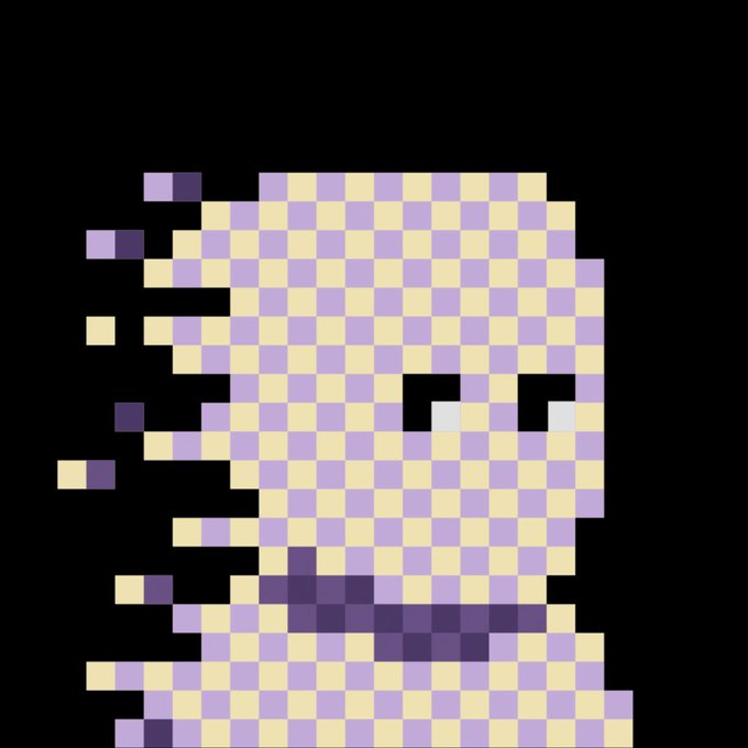 The picture shows a pixel art character with a checkered purple and cream pattern, white eyes, and a darker purple band, evoking a glitchy, fragmented digital identity. It fits the accompanying post's theme of an encrypted, shielded Zcash (ZEC) user (@suppvalen) under the codename "LUMINARY_004," with the character's broken, pixelated form symbolizing obscured or fragmented data on a privacy-focused network.