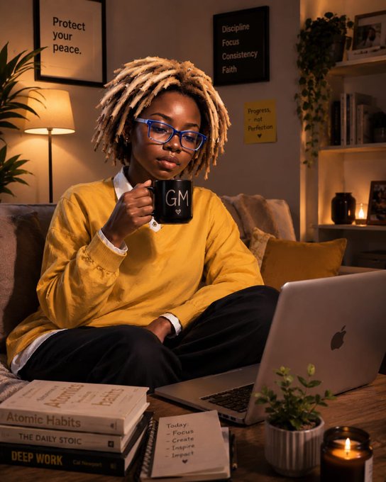A woman with dreadlocks and blue glasses sits in a yellow sweater holding a 'GM' mug, with books including 'Atomic Habits' and 'Deep Work' nearby and motivational posters on the wall.