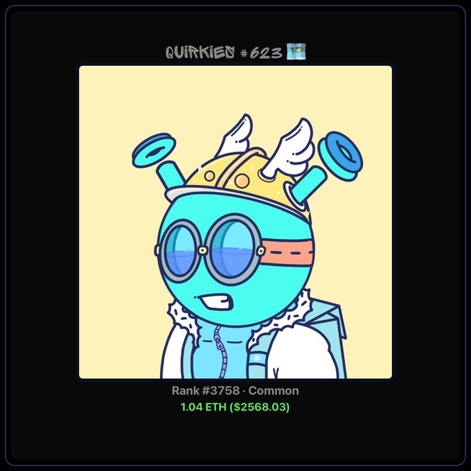 A Quirklings NFT (#623), Rank #3758 Common, featuring a turquoise round character with round glasses and a winged golden helmet, priced at 1.04 ETH ($2568.03).