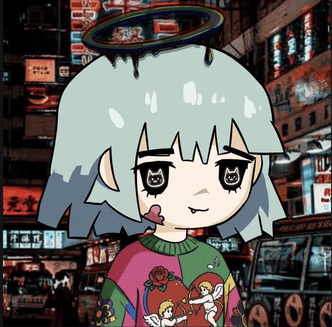 An anime-style illustration shows a pale character with light blue hair, a glitchy halo with dripping black liquid above their head, cat-eye pupils, and a small heart near their mouth, wearing a colorful sweater with cherub designs against a pixelated urban background.