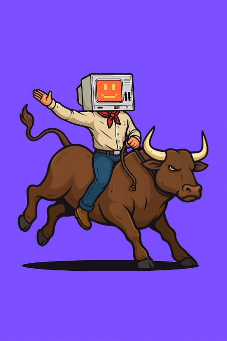 Cartoon illustration of a character with a smiling retro computer monitor for a head riding a charging brown bull against a purple background.