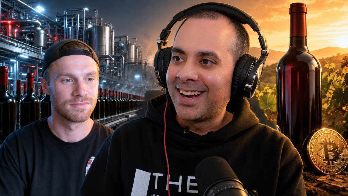 Two men sit in front of a microphone—one wearing a backward cap, the other smiling in headphones and a black hoodie reading "THE"—against a backdrop that splits between an industrial winery bottling line at night and a sunlit vineyard featuring a large wine bottle and a gold Bitcoin coin, visually representing the podcast's theme of unconventional wine and Bitcoin discussed with guest @BenJustman.
