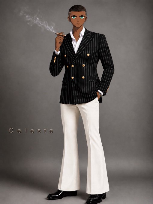 A 3D-rendered character labeled 'Celeste' wearing a black pinstripe blazer, white bell-bottom pants, and a headband, holding a smoking cigarette against a gray background.