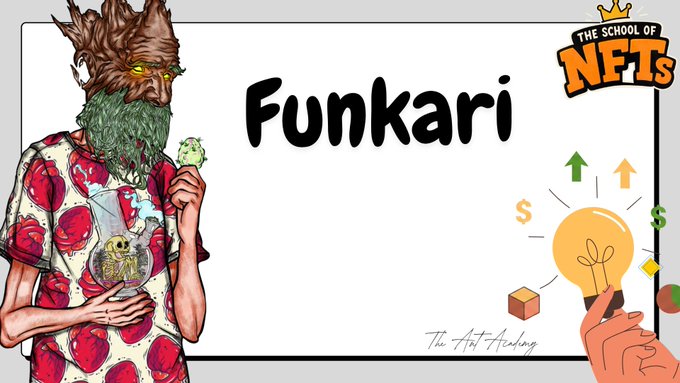 An illustration titled "Funkari" featuring a bearded character holding ice cream and a frog figure, alongside "The School of NFTs" logo and various financial icons.