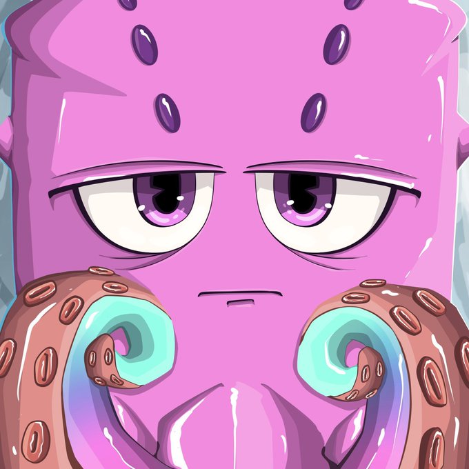 A pink octopus character with purple spots and cyan-suckered tentacles looks tiredly at the viewer, conveying the exhausted, dragged-out mood of someone who just spent time updating NFT trackers and bots on OpenSea and Discord.