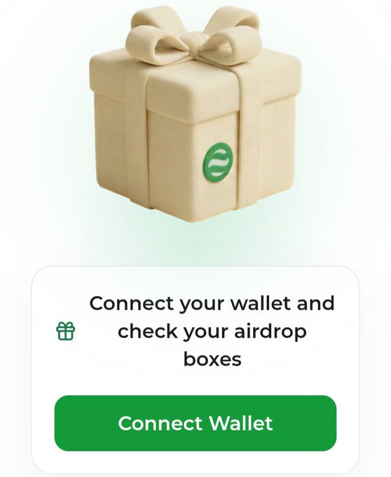 A beige gift box with a bow and a green DOS token logo sits above text reading "Connect your wallet and check your airdrop boxes," with a green "Connect Wallet" button below—promoting the newly launched DOS airdrop eligibility checker at dappos.com/airdrop.