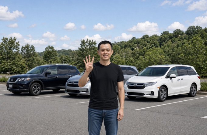 A man wearing a black t-shirt stands in a parking lot making an 'OK' hand gesture, with three Honda vehicles (a black SUV, silver SUV, and white minivan) parked behind him.