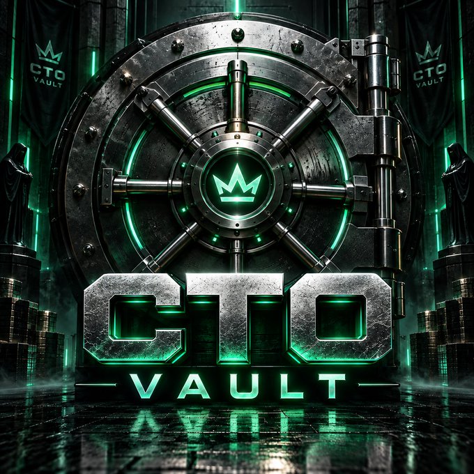 A dramatic digital graphic features a large industrial metal vault door with glowing green neon accents, displaying 'CTO VAULT' text and a crown logo on banners in the background.
