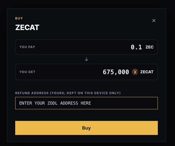 A dark-themed purchase modal for ZECAT shows a buy order of 0.1 ZEC yielding 675,000 ZEC tokens, with a field to enter a ZODL refund address and a yellow "Buy" button—illustrating the "high friction" crypto transaction referenced in the post about speculative early-stage memecoin plays.