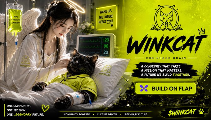 A promotional image for "WINKCAT ROBINHOOD CHAIN" shows an angelic nurse figure tending to a black cat that appears to be in a hospital bed with an IV, ECG monitor reading 120/98/20, and a "HOPE STRENGTH COMMUNITY" IV bag, with text reading "WAKE UP, THE FUTURE NEEDS YOU!" and "A COMMUNITY THAT CARES. A MISSION THAT MATTERS. A FUTURE WE BUILD TOGETHER." along with a "BUILD ON FLAP" button.

The image visually reinforces the post's message by depicting the $WINKCAT token as a patient being cared for by the community, suggesting it's being revived and supported rather than abandoned—directly tying to the "Community Takeover (CTO)" narrative mentioned in the caption.