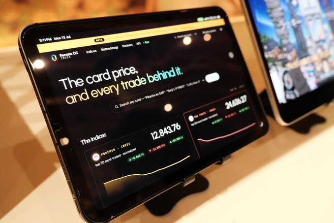 A tablet displays the Rarible US website showing the headline "The card price, and every trade behind it" along with an index value of 12,843.76 for "POKEMON · INDEX" and 24,036.27 for another index. The image illustrates the platform's transparency in tracking collectible card pricing on-chain, contrasting with the post's critique that many collectibles RWA projects merely pair physical items with NFTs without genuine asset verification.