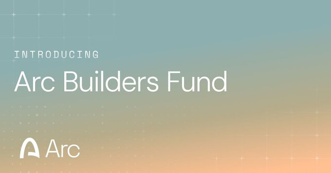 A promotional graphic introducing the "Arc Builders Fund" by Arc, featuring a gradient background with the Arc logo, announcing Circle Ventures' support for early-stage teams building real apps and markets on the chain in areas like perpetual markets, onchain credit, RWA, FX, and AI agents.