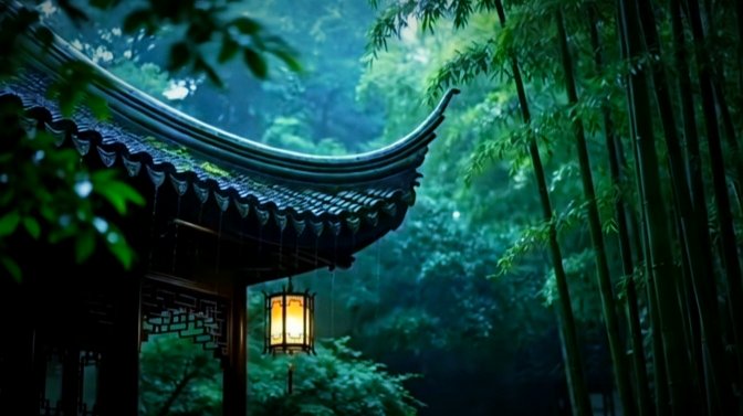 A traditional East Asian pavilion with an elegantly curved tiled roof stands amidst lush green bamboo, illuminated by a single glowing lantern hanging from its eaves during a misty rainfall. The serene, meditative atmosphere mirrors the post's reminder to prioritize health over constant market engagement, evoking calm reflection amidst the chaos of daily trading.