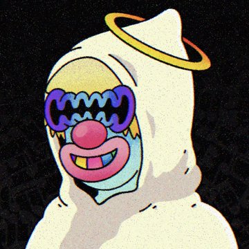 A cartoon illustration shows a clown wearing a white hood and a glowing yellow halo, smiling with exaggerated features against a dark background.