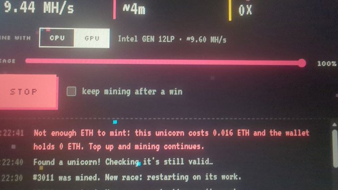 The image shows a cryptocurrency mining interface running on an Intel GEN 12LP GPU at ~9.44 MH/s, with a log revealing the user "found a unicorn" but was blocked from minting due to insufficient ETH (0.016 ETH fee required while wallet holds 0 ETH). This visually confirms the post's warning about the project's silently increased minting fee making it impractical for miners to claim rewards, reinforcing the accusation of a cash grab.