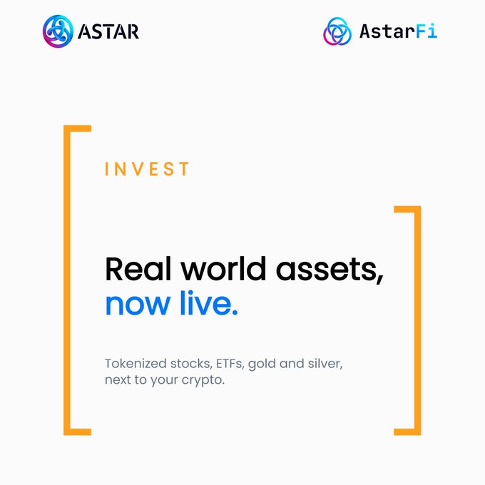 A promotional graphic for AstarFi (ASTAR) announcing their private beta launch of "Real world assets, now live," featuring tokenized stocks, ETFs, gold, and silver alongside crypto investments. The image visually emphasizes the integration of traditional assets with cryptocurrency through its clean, bracket-framed design.