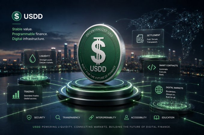 A promotional graphic for USDD, a decentralized USD, featuring a large green coin with the text 'DECENTRALIZED USD' and 'BUILT FOR THE FUTURE OF FINANCE', highlighting features like Liquidity, Settlement, Smart Contracts, Trading, and Digital Markets.