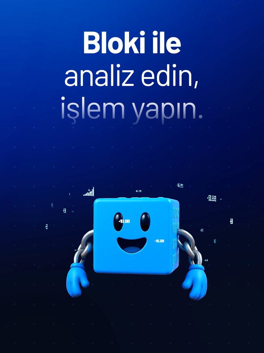 A cheerful blue 3D cartoon block character with cartoon arms and hands stands below the Turkish text "Bloki ile analiz edin, işlem yapın" (meaning "Analyze and trade with Bloki") against a dark blue background with floating data visuals, visually promoting the AI assistant featured in the post.