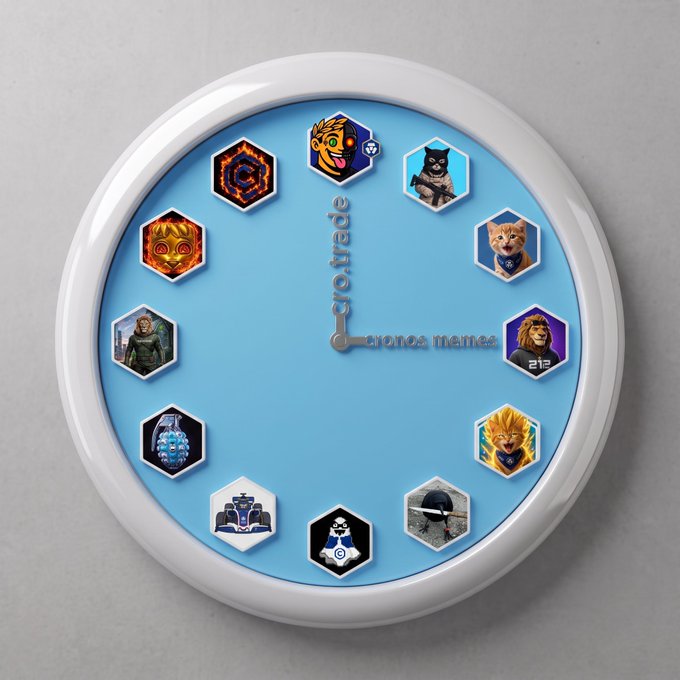 A futuristic hexagonal clock with a light blue face displays hour markings as gaming and pop-culture icons—including cats, a fiery skull, a warrior, and a robot—while the text "tronic matter" appears along the center axis. The hexagonal cat motifs prominently featured tie directly to the $ULTCAT meme crypto ticker.