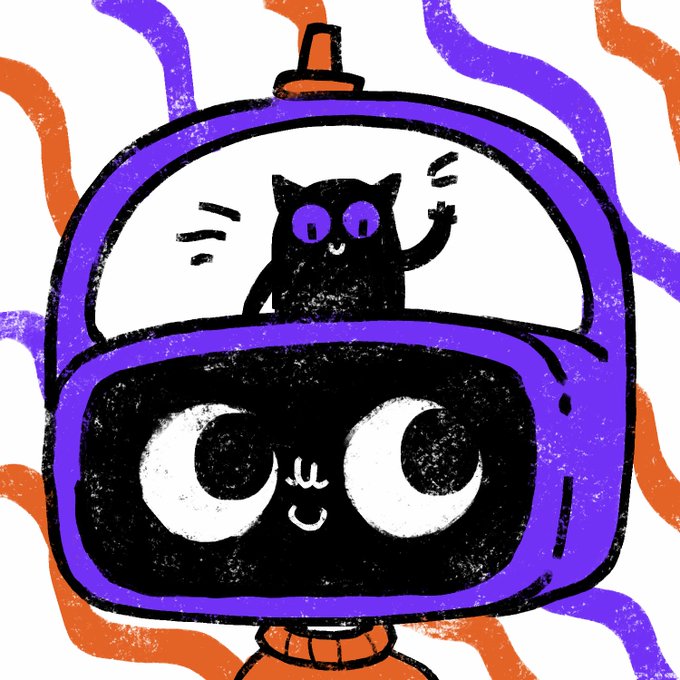 An illustration of a purple robot character with a TV-like head displaying a smiling face, and a small black cat waving from inside its open top compartment, surrounded by orange and purple wavy lines.