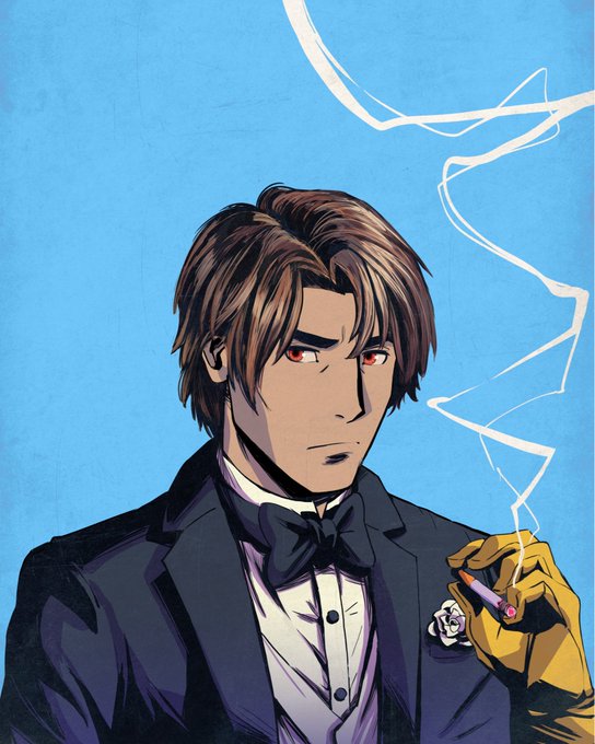 An anime-style illustration of a man in a black tuxedo with a bow tie and a white rose boutonniere, wearing a yellow glove and holding a smoking cigarette, set against a blue sky.