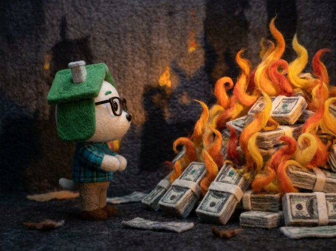 A felt-crafted character with glasses and a green hat stands solemnly before a pile of needle-felted U.S. dollar bills engulfed in flames, symbolizing the act of "burning tokens" to start the day.