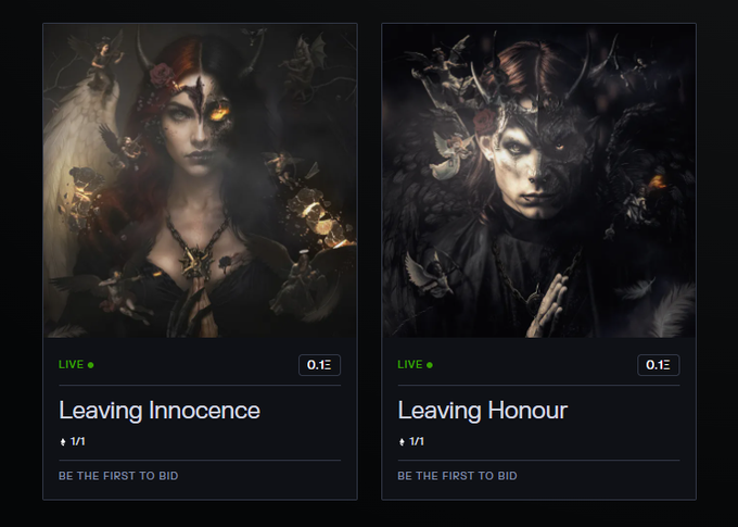 Two dark fantasy NFT artworks titled "Leaving Innocence" and "Leaving Honour" from the "Leaving Series," featuring Lilith and Lucifer, are listed live on Transient Labs with starting bids of 0.1 ETH and marked as "Be the First to Bid."