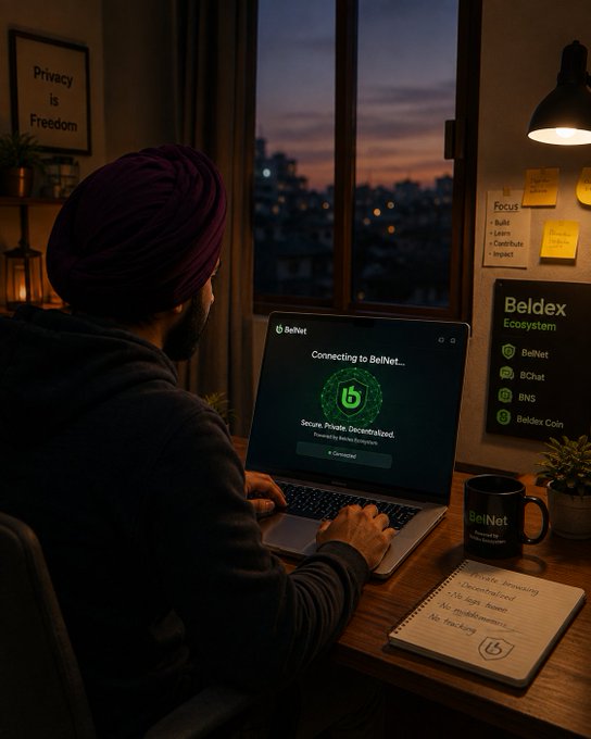 A man wearing a turban works at a laptop displaying the BelNet interface with the text "Connecting to BelNet... Secure. Private. Decentralized." beside a poster for the "Beldex Ecosystem" featuring BelNet, BChat, BNS, and Beldex Coin, visually reinforcing the post's message about BelNet providing a private, decentralized path for internet traffic. A framed "Privacy is Freedom" print and a "Focus" sticky note further echo the theme of data autonomy.