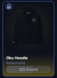 A dark-themed mobile game screen showing a locked item called 'Oku Hoodie' that is 'Redeemable' with '3/5 Found' collected.