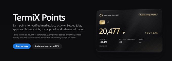 A promotional graphic for 'TermiX Points' explaining that users earn points for verified marketplace activity, displaying a balance of 20,477 TP and a 'Start earning' button.